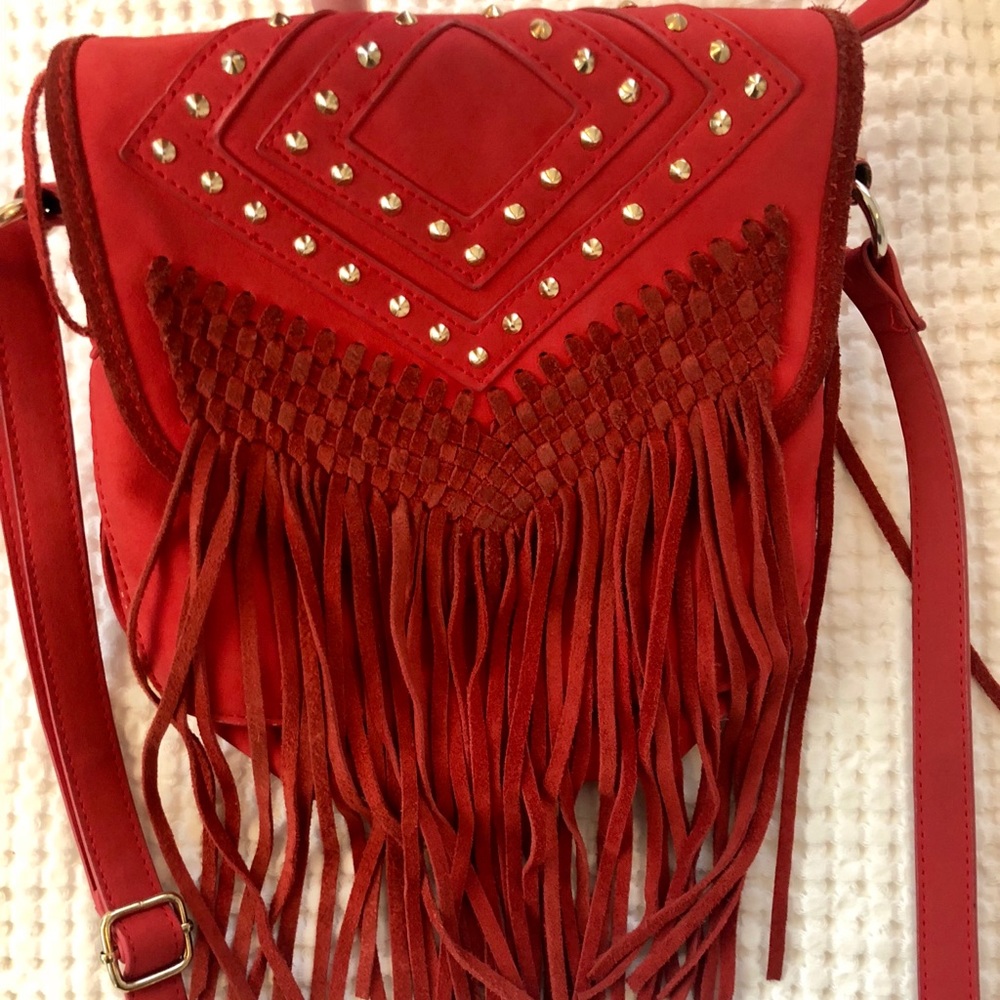 Boho style red crossbody bag